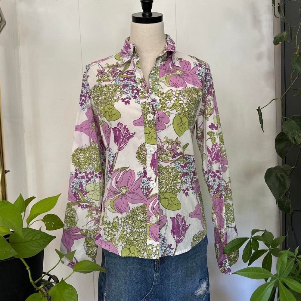 Mossimo Y2K Floral Button Up Blouse Lavender Green Fairycore Indie Women Medium
